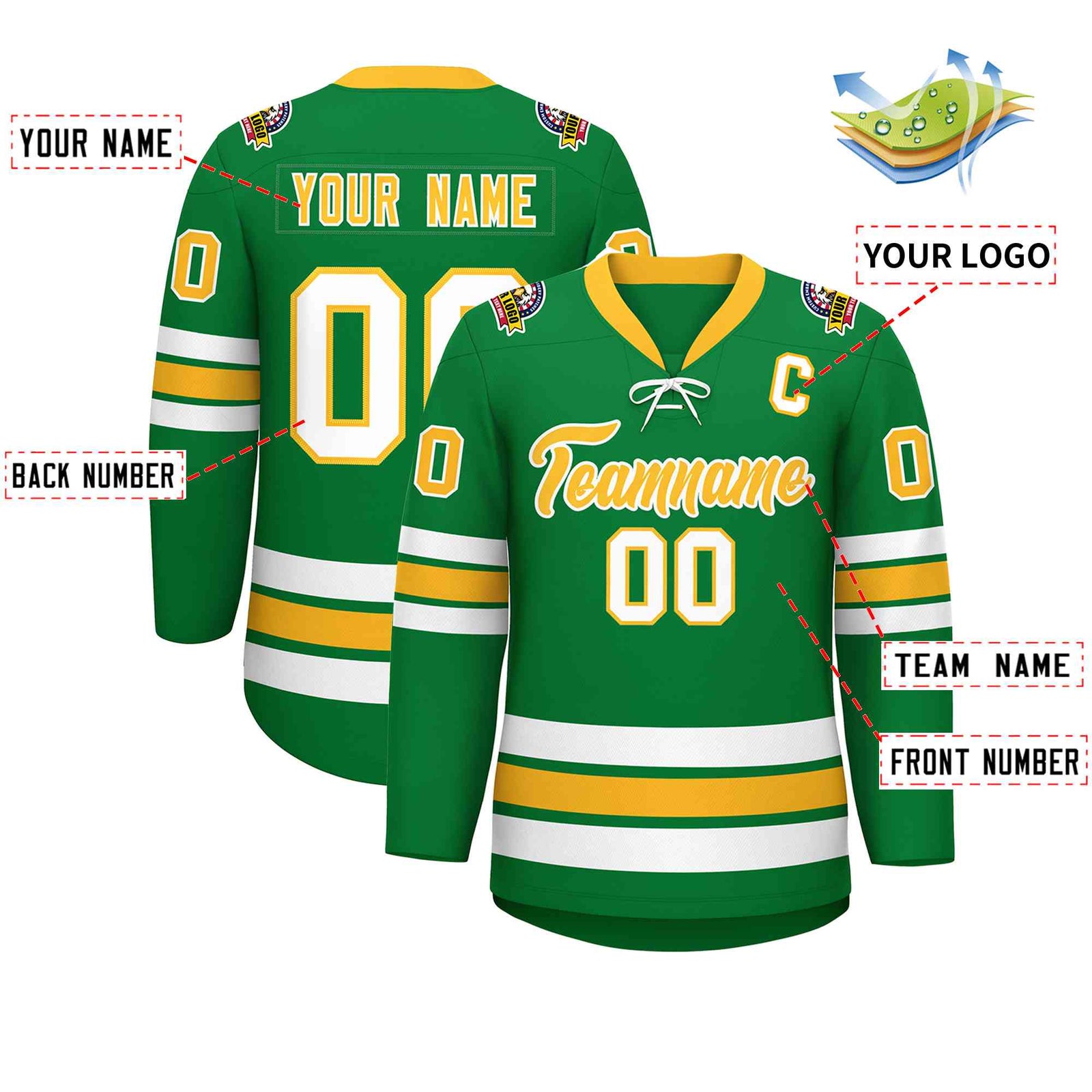 Custom Kelly Green Yellow-White Lace-Up Neck Hockey Jersey