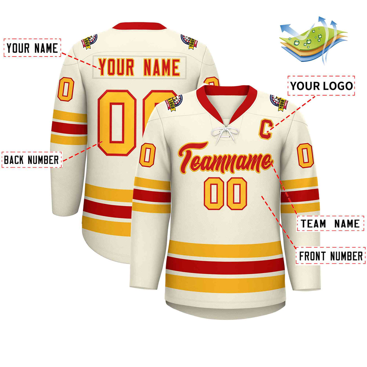 Custom Cream Red-Yellow Lace-Up Neck Hockey Jersey