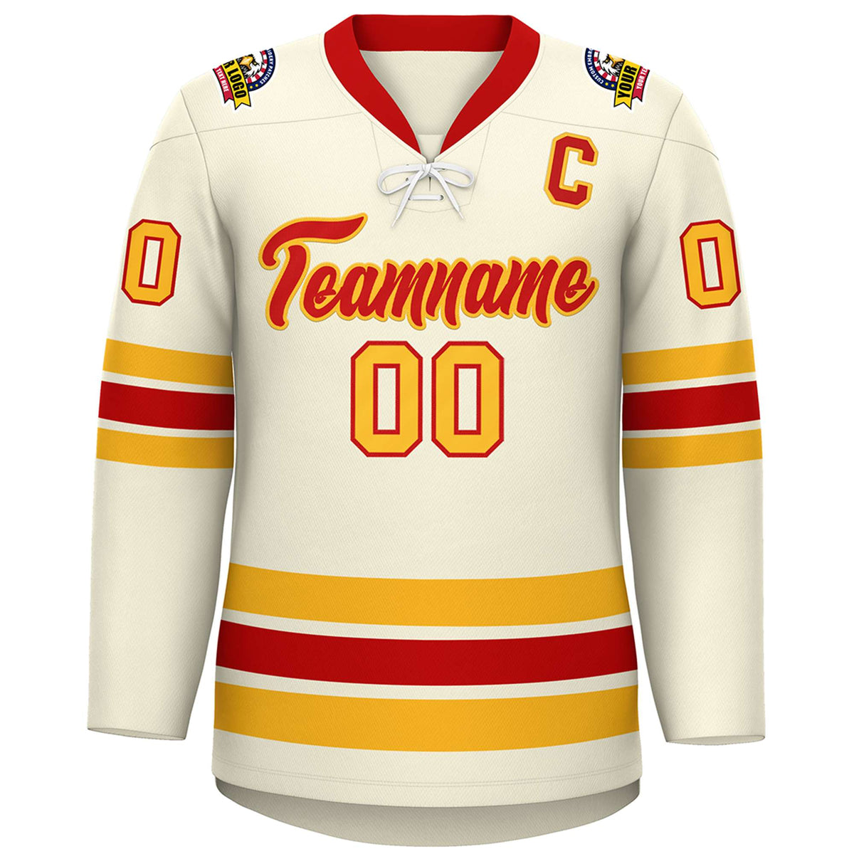 Custom Cream Red-Yellow Lace-Up Neck Hockey Jersey