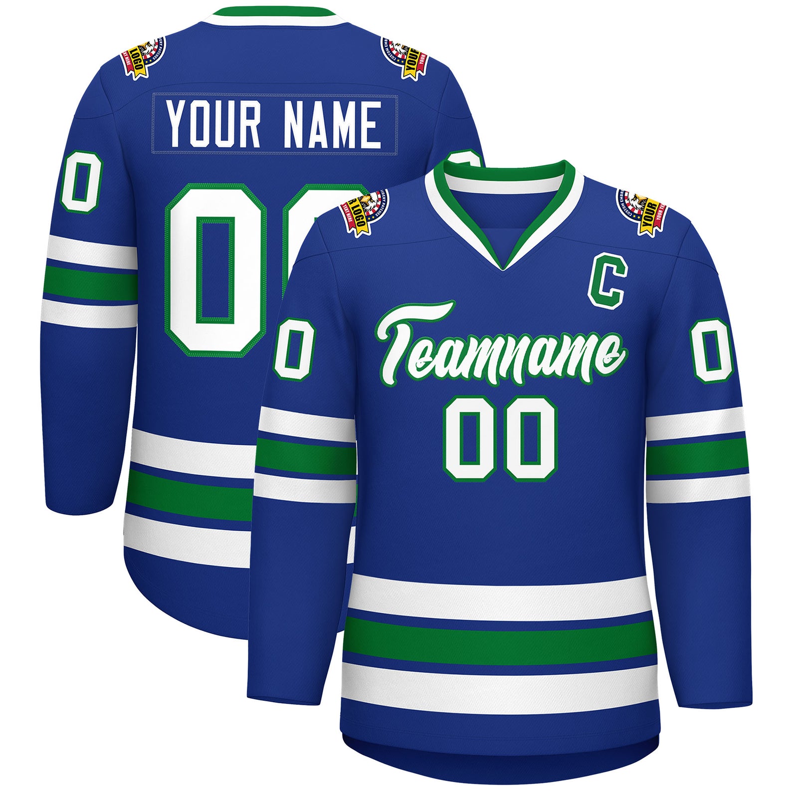 Custom Royal White-Kelly Green Classic Style Hockey Jersey