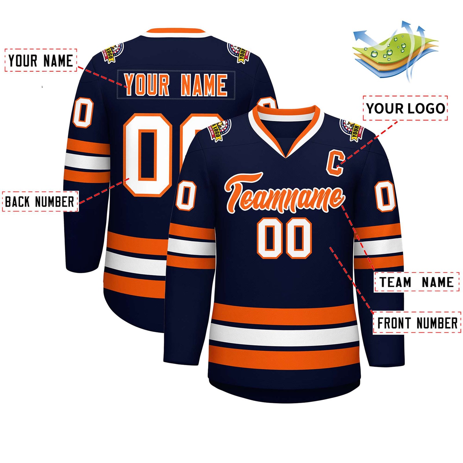 Custom Navy Orange-White Classic Style Hockey Jersey