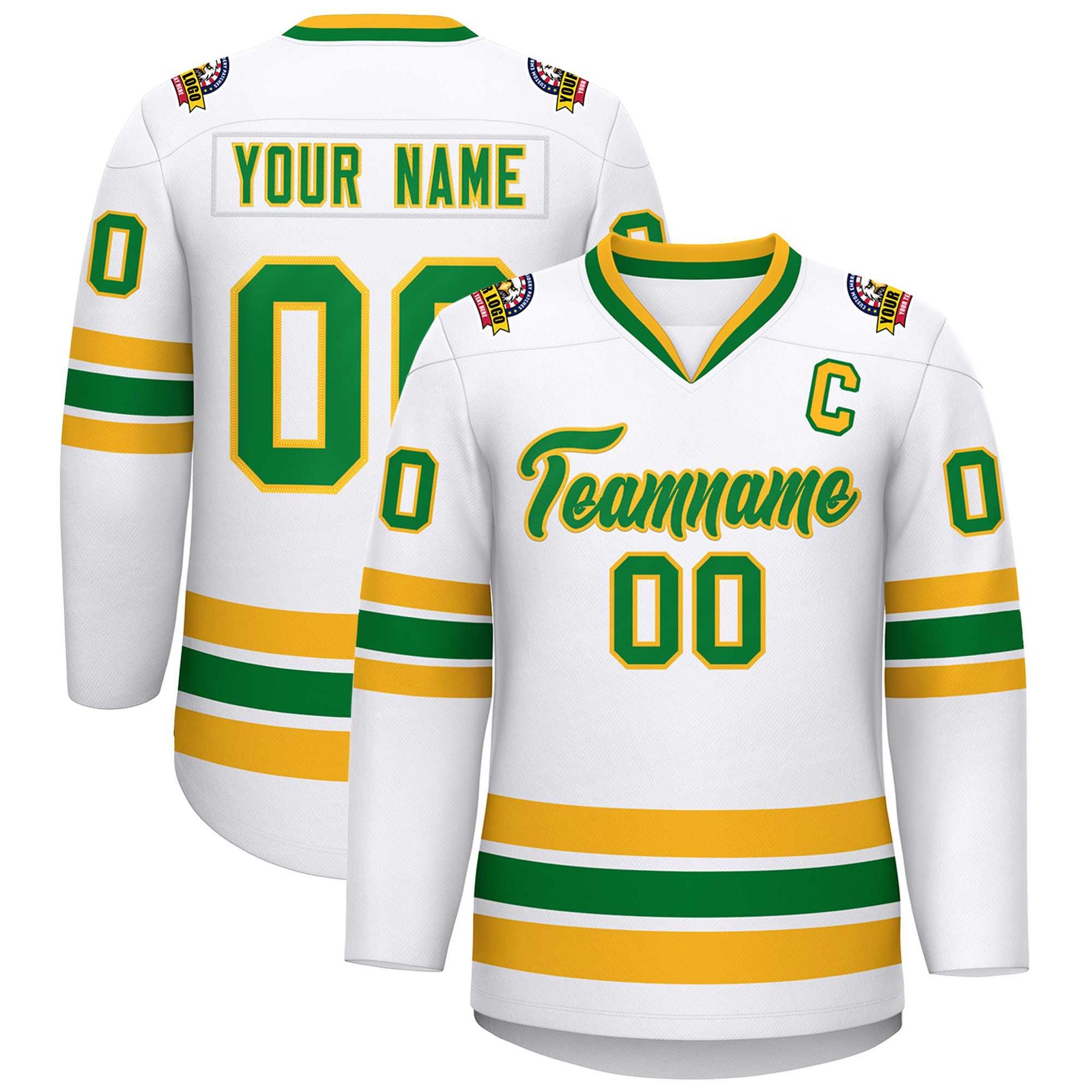 Custom White Kelly Green-Gold Classic Style Hockey Jersey