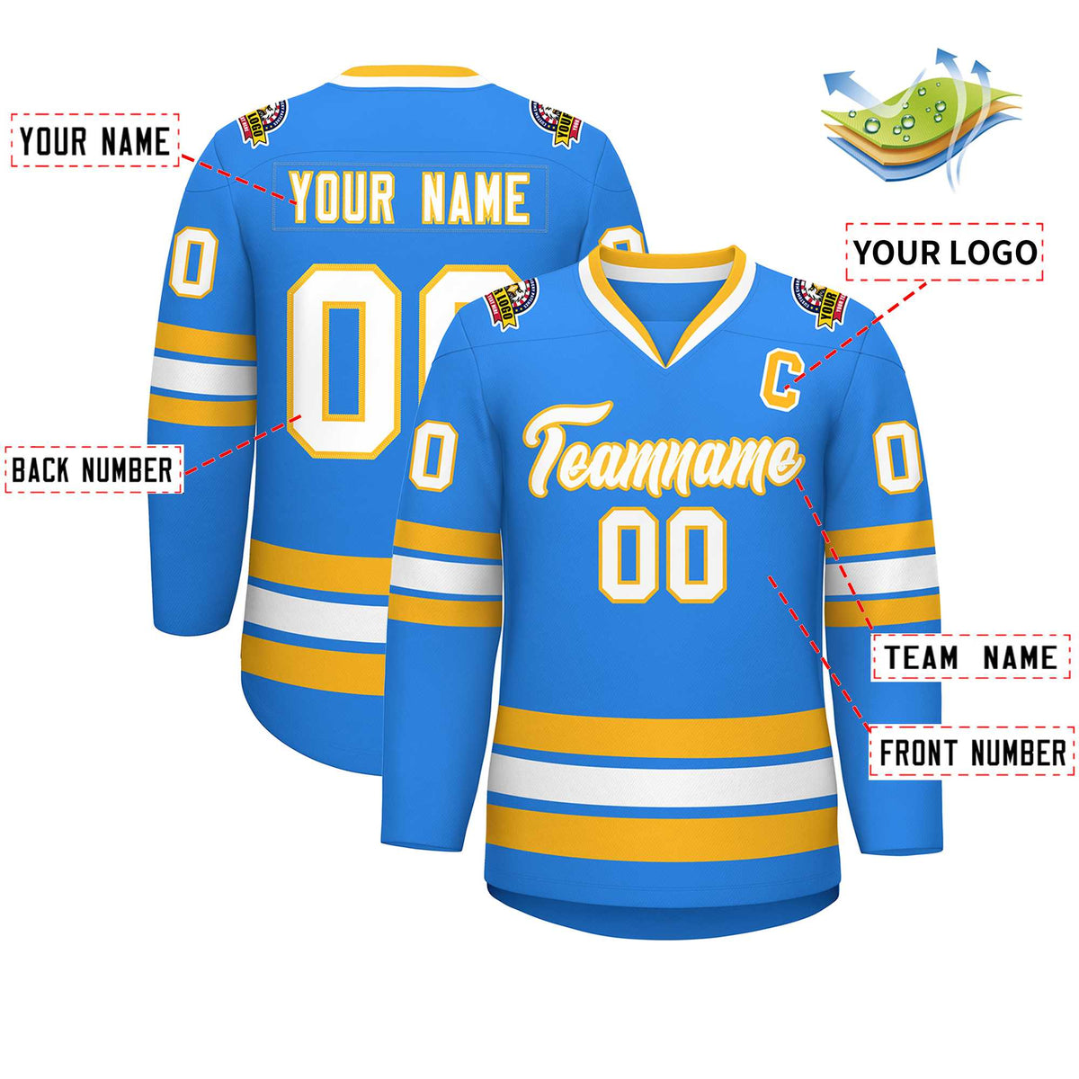 Custom Powder Blue White-Gold Classic Style Hockey Jersey