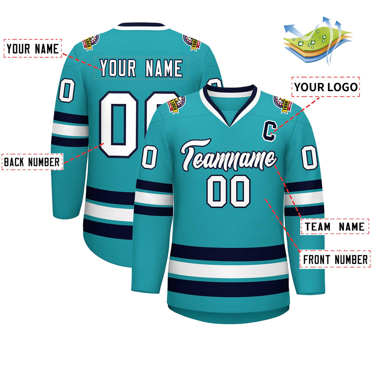 Custom Aqua White-Navy Classic Style Hockey Jersey