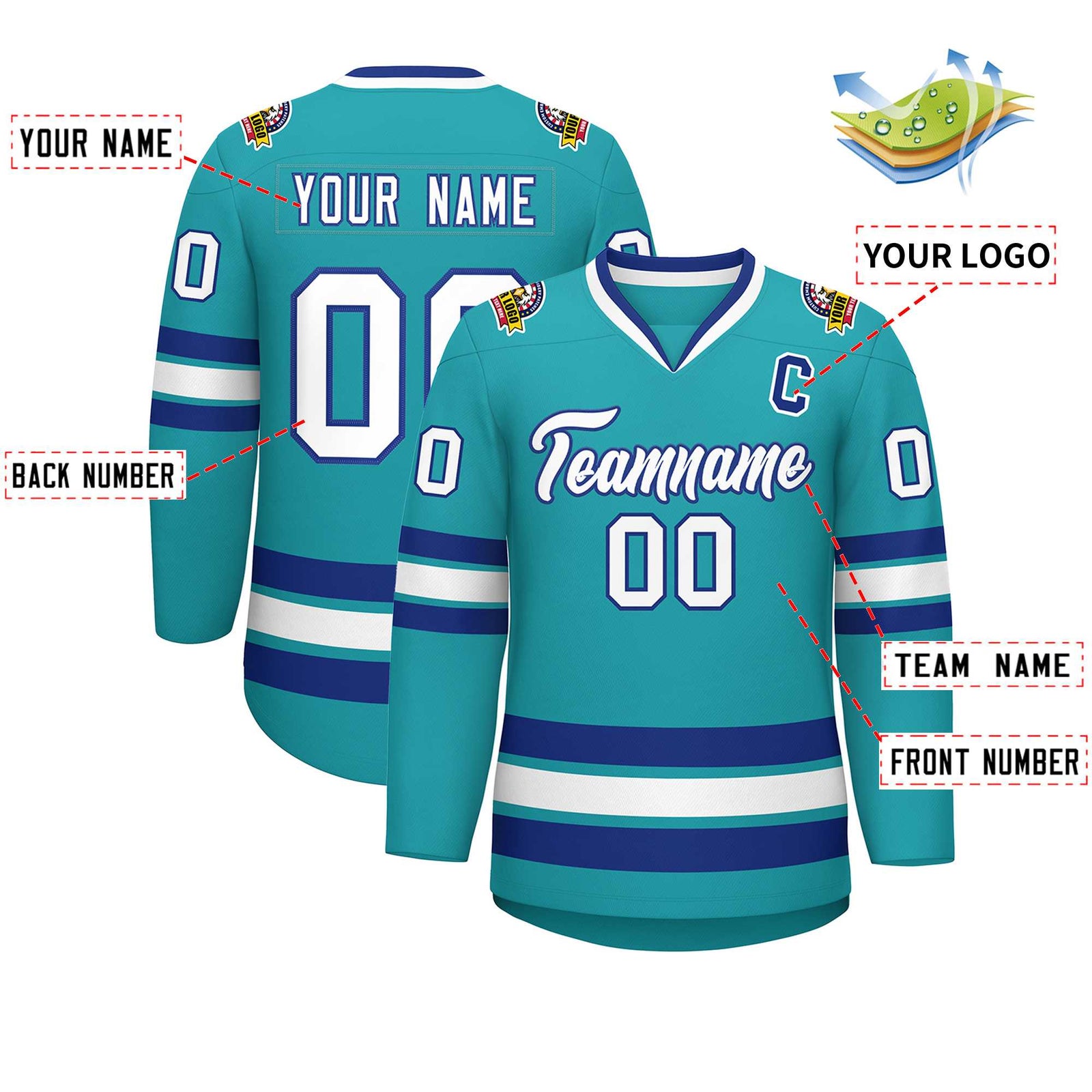 Custom Aqua White-Royal Classic Style Hockey Jersey