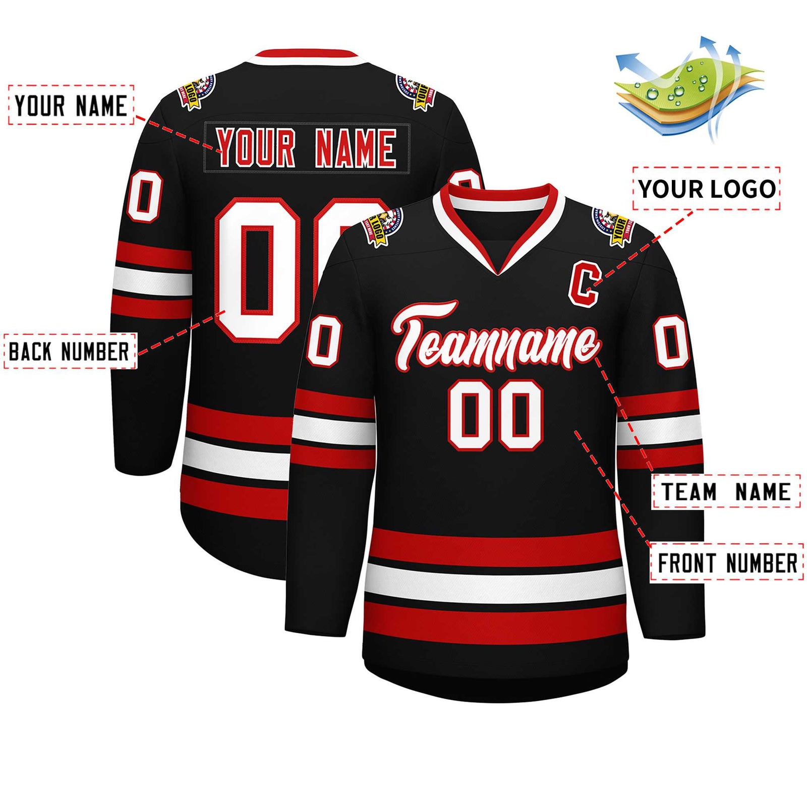 Custom Black White-Red Classic Style Hockey Jersey