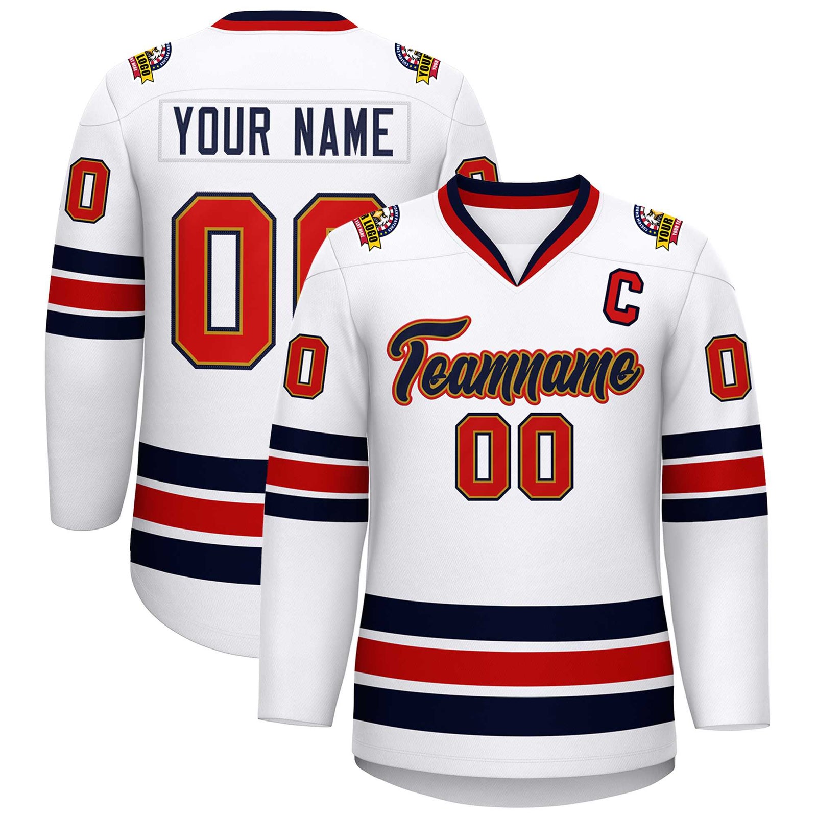 Custom White Navy Old Gold-Red Classic Style Hockey Jersey