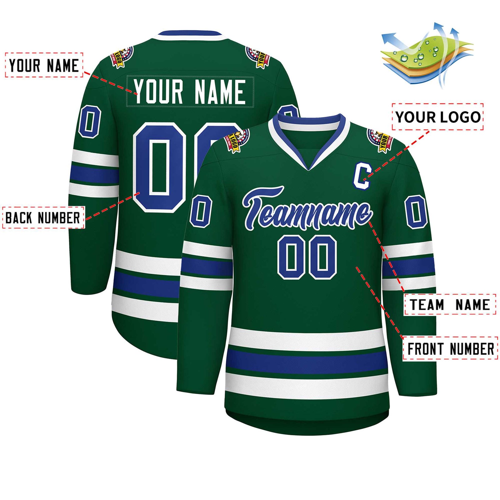 Custom Green Royal-White Classic Style Hockey Jersey
