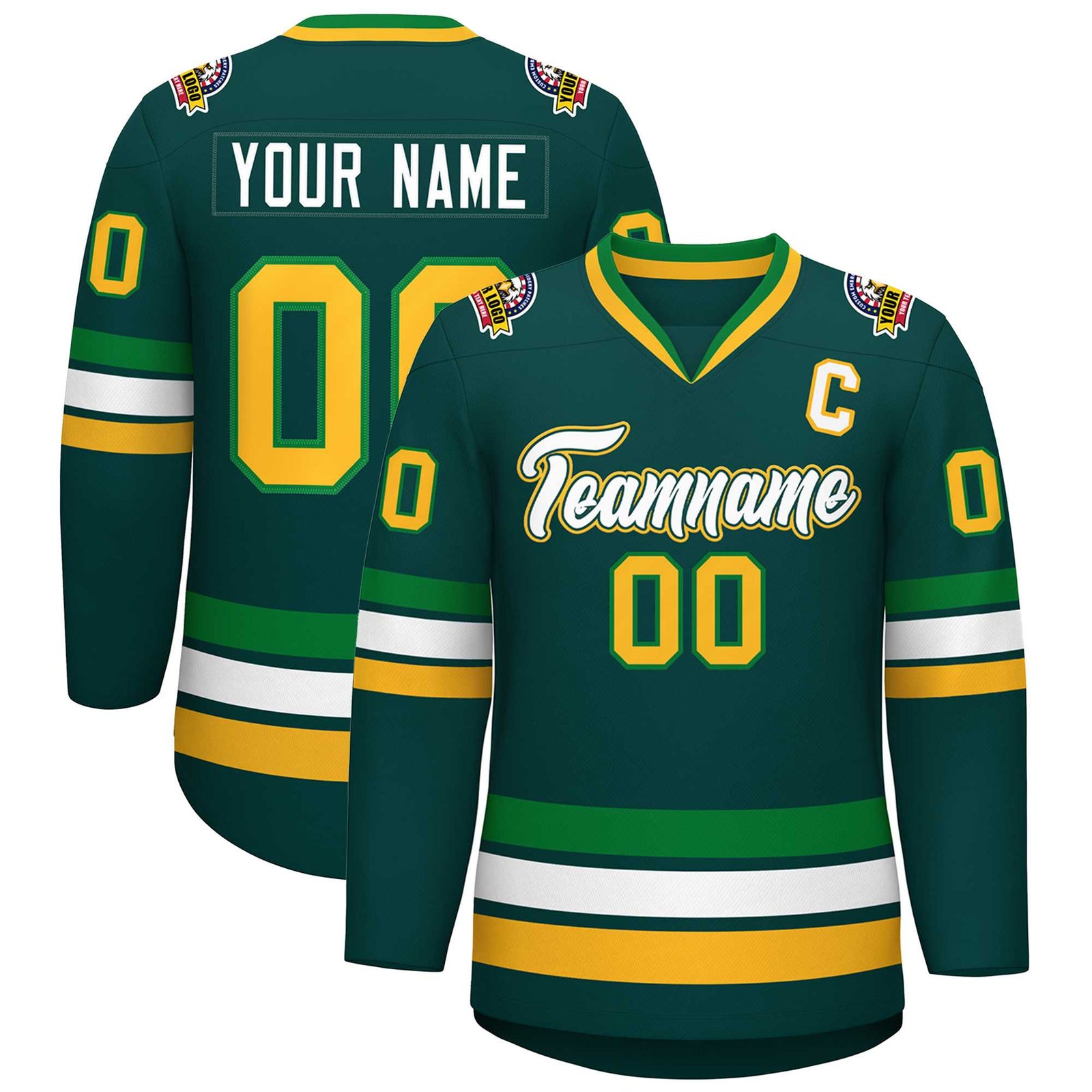 Custom Midnight Green White Kelly Green-Gold Classic Style Hockey Jersey