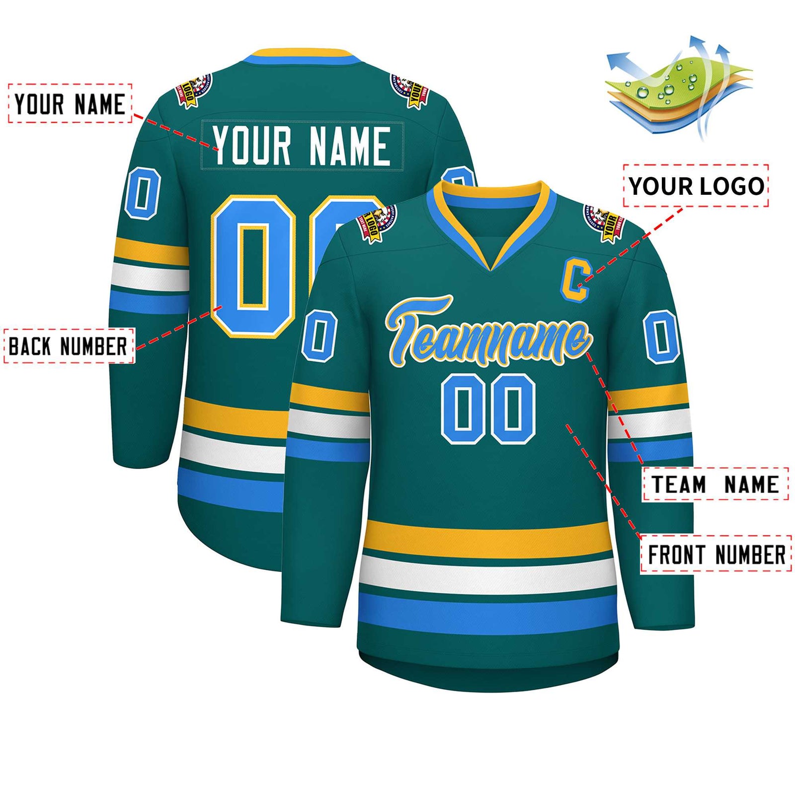 Custom Aqua Powder Blue White-Gold Classic Style Hockey Jersey
