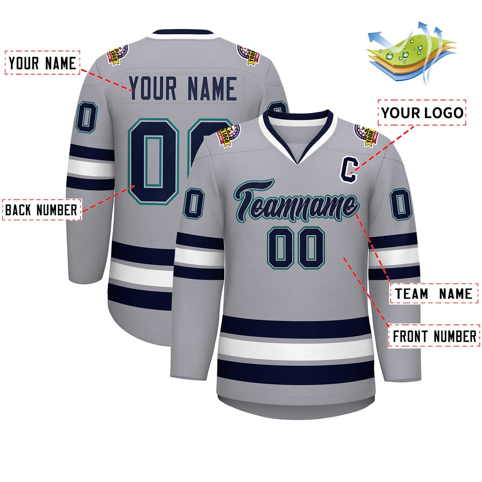 Custom Gray Navy Gray-Aqua Classic Style Hockey Jersey