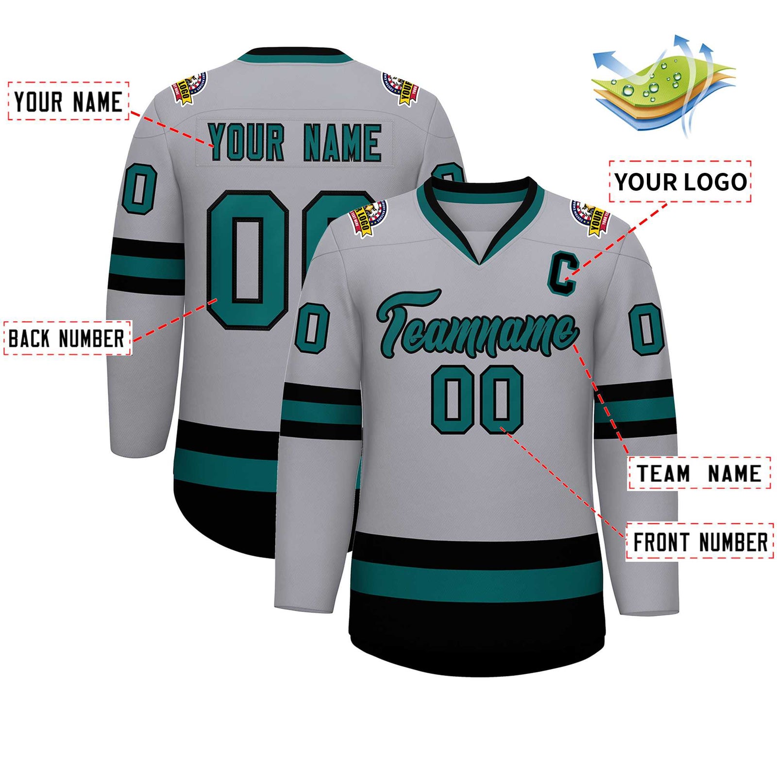 Custom Gray Aqua-Black Classic Style Hockey Jersey