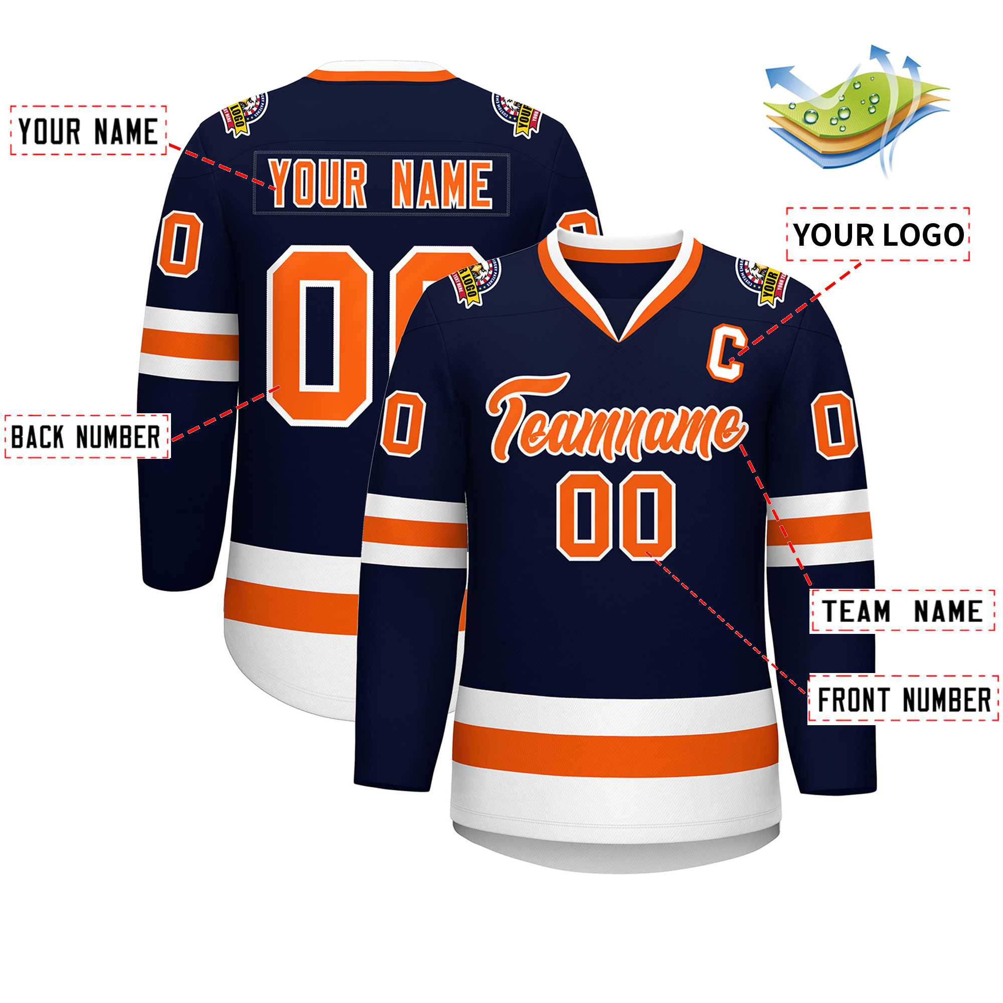 Custom Navy Orange-White Classic Style Hockey Jersey