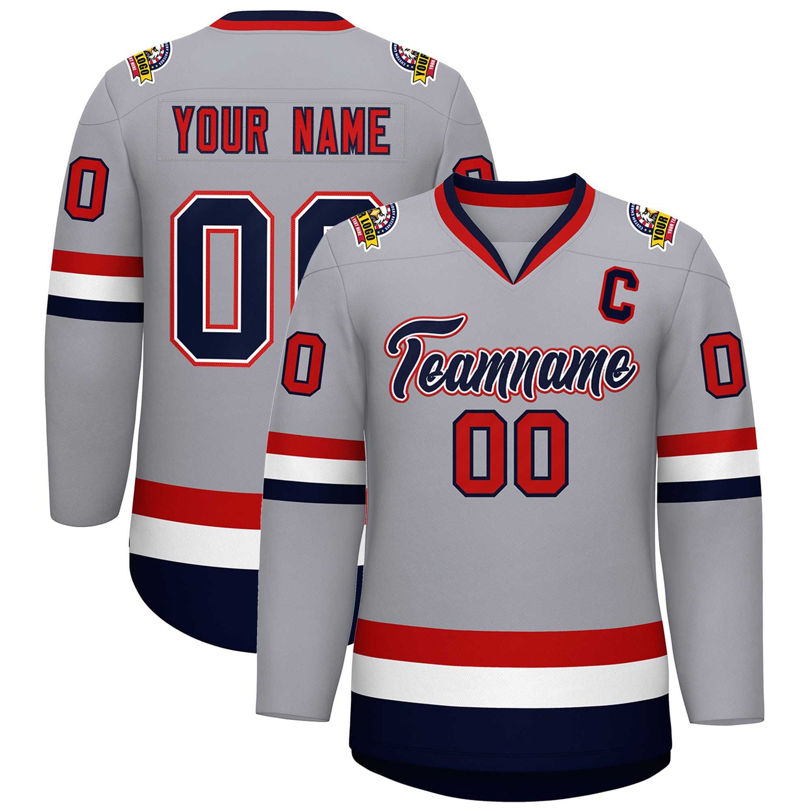 Custom Gray Navy White-Red Classic Style Hockey Jersey