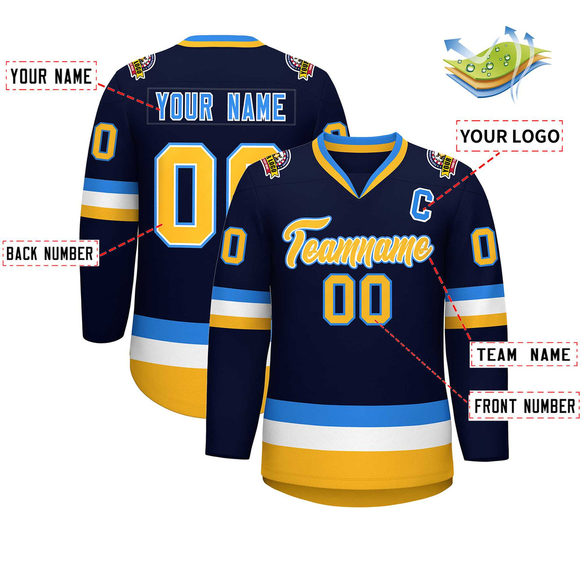 Custom Navy Gold White-Powder Blue Classic Style Hockey Jersey