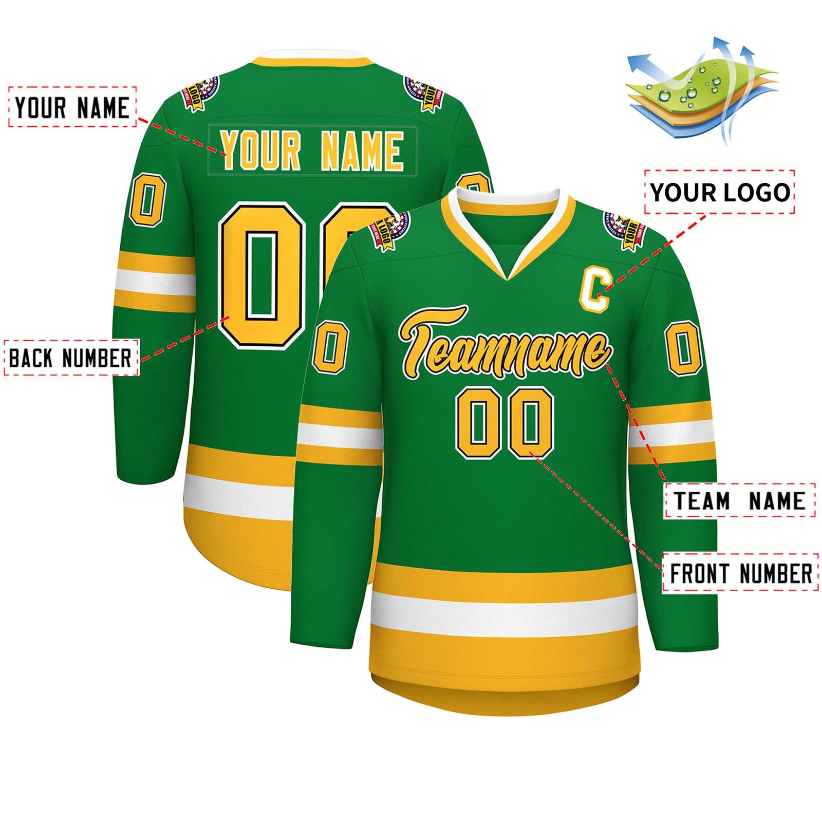 Custom Kelly Green Gold Black-White Classic Style Hockey Jersey