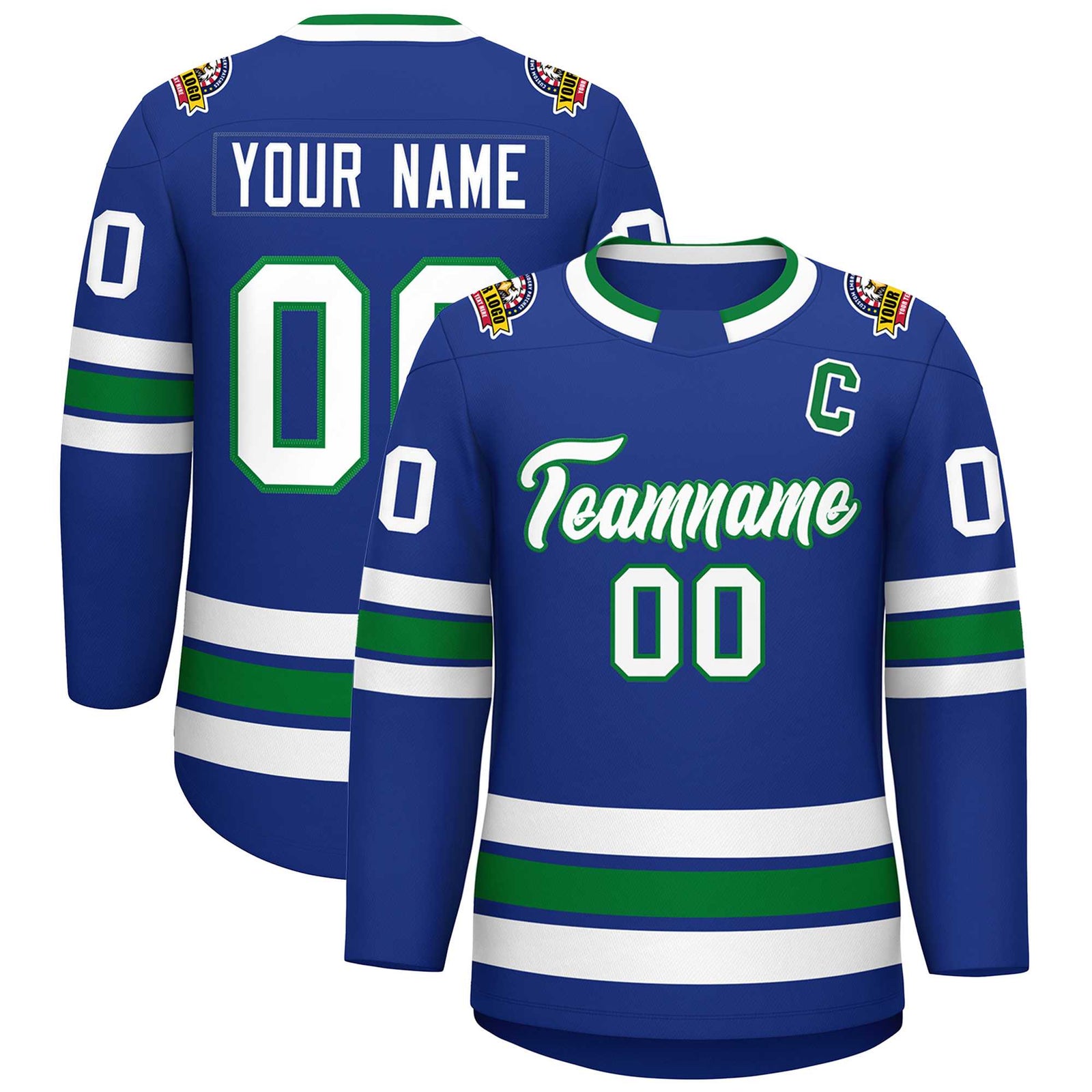 Custom Royal White-Kelly Green Classic Style Hockey Jersey