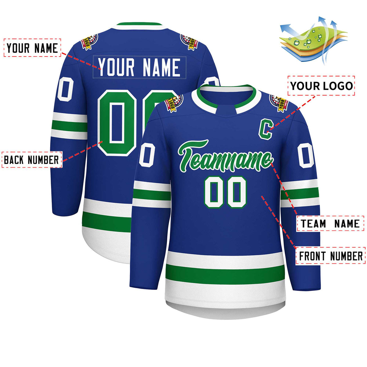 Custom Royal Kelly Green-White Classic Style Hockey Jersey