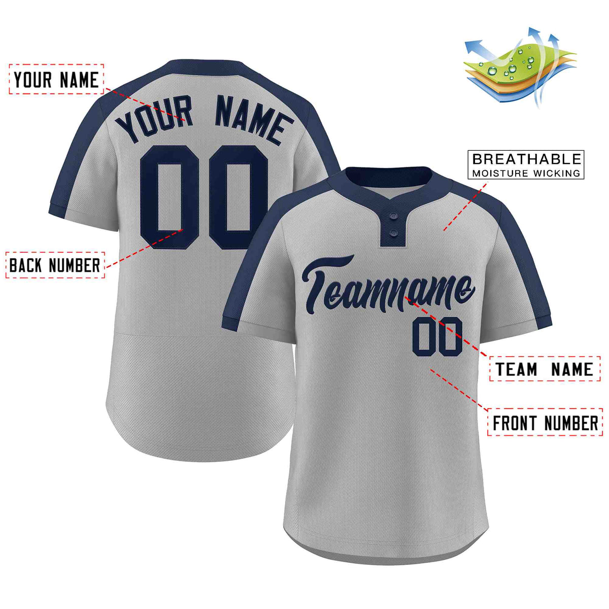 Custom Gray Navy Classic Style Authentic Two-Button Softball Jersey