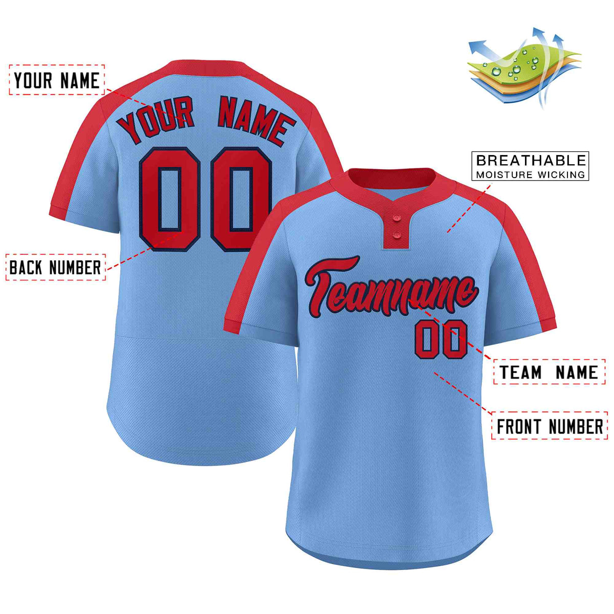 Custom Light Blue Red-Navy Classic Style Authentic Two-Button Softball Jersey