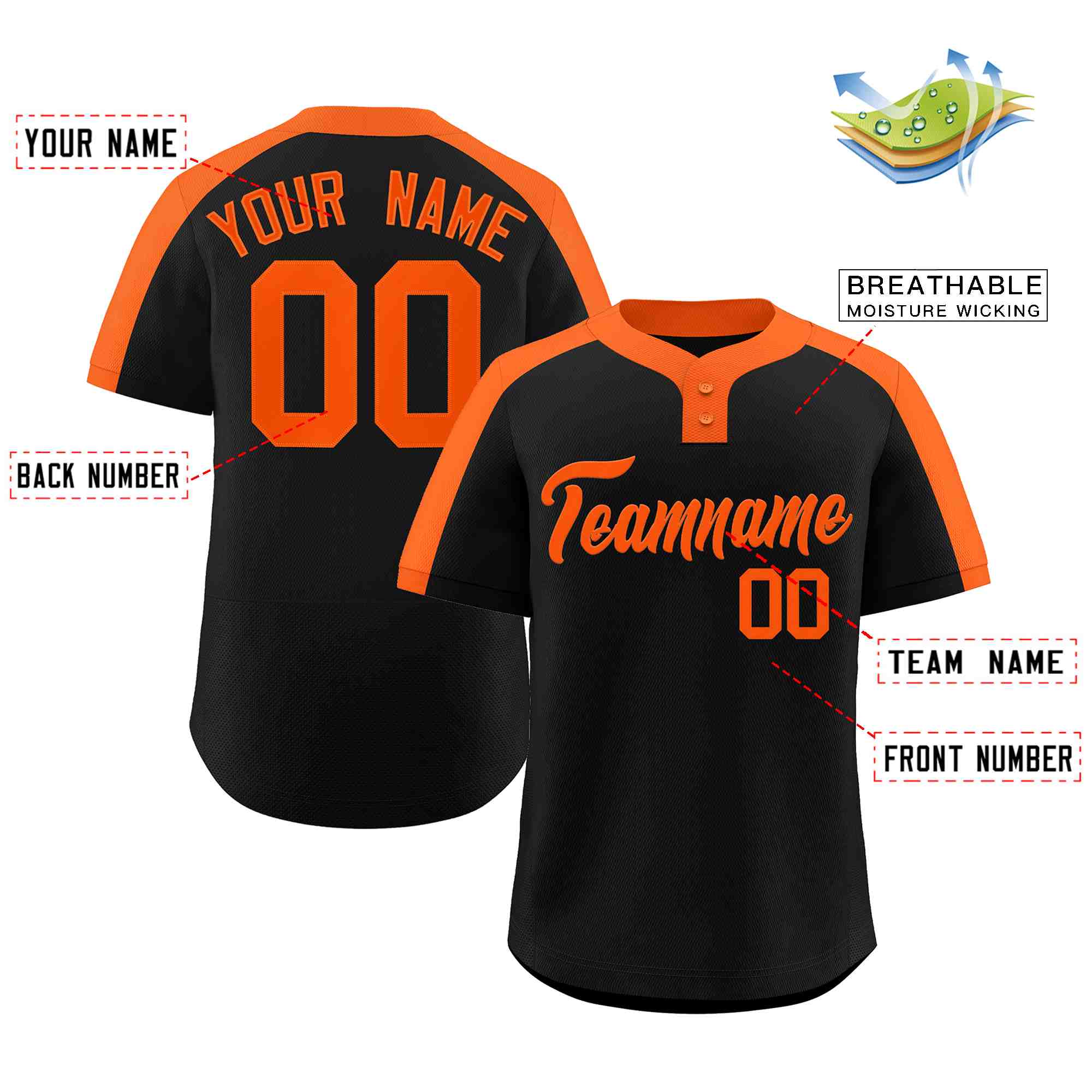 Custom Black Orange Classic Style Authentic Two-Button Baseball Jersey
