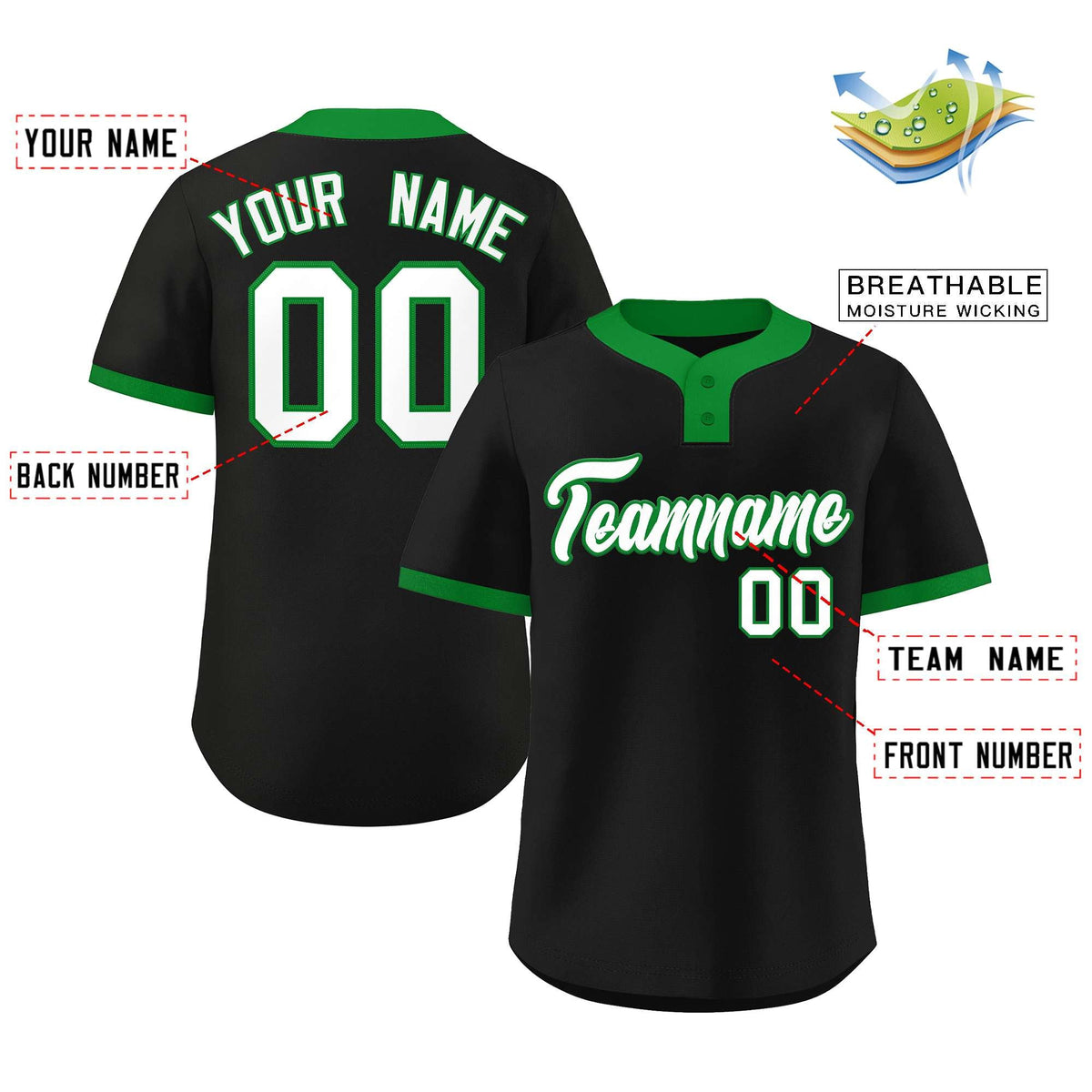 Custom Black White-Kelly Green Classic Style Authentic Two-Button Softball Jersey
