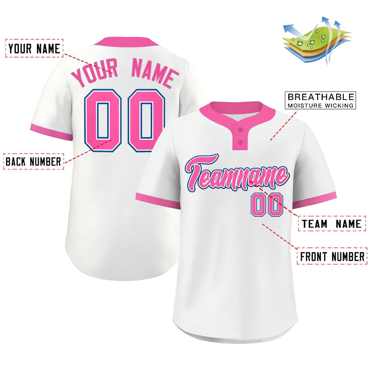 Custom White Pink-Royal Classic Style Authentic Two-Button Softball Jersey