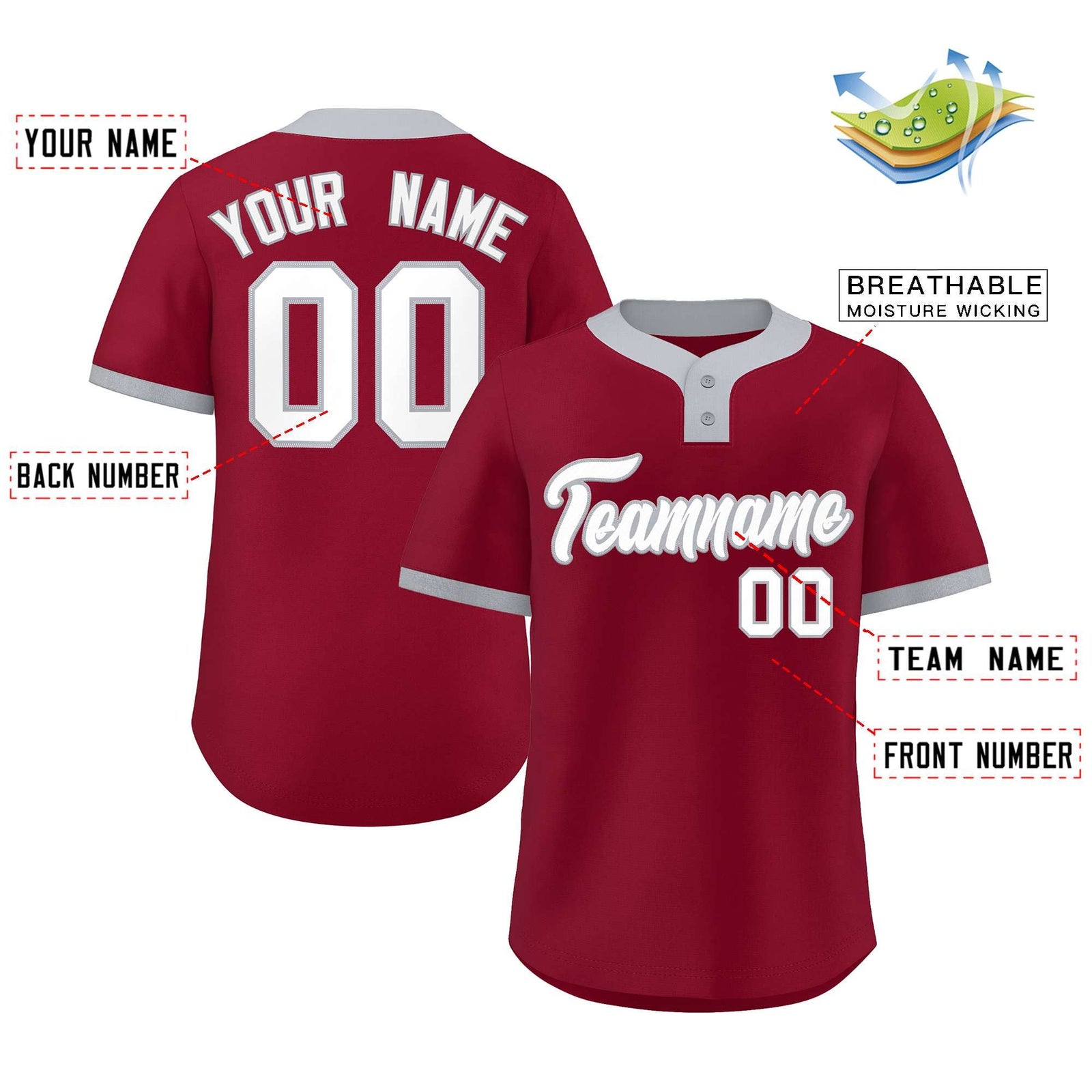 Custom Crimson White-Gray Classic Style Authentic Two-Button Softball Jersey