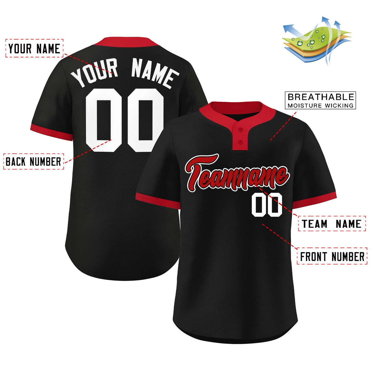 Custom Black Red-White Classic Style Authentic Two-Button Softball Jersey