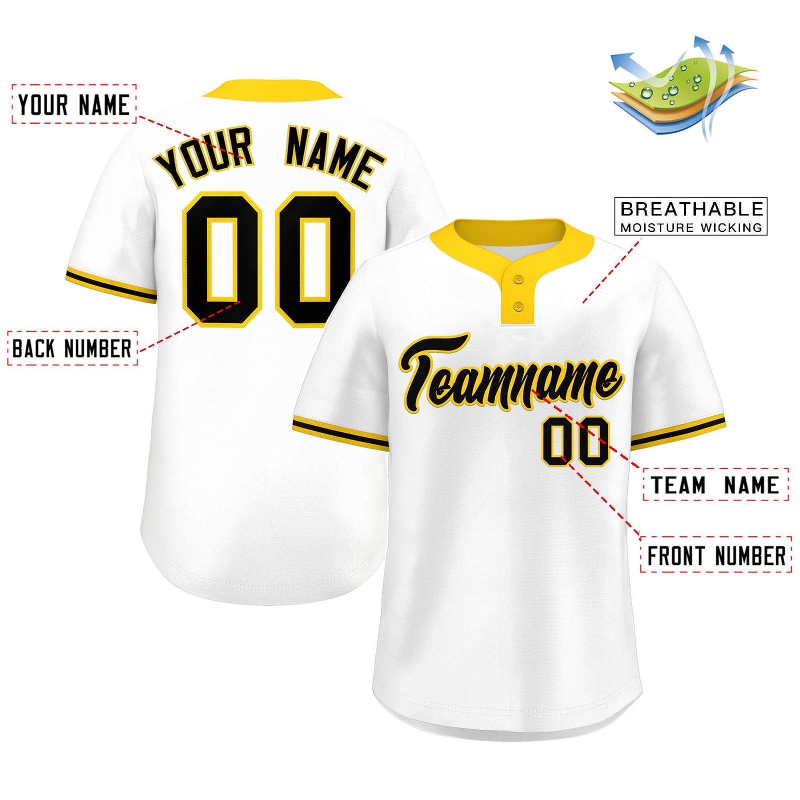 Custom White Black-Gold Classic Style Authentic Two-Button Softball Jersey