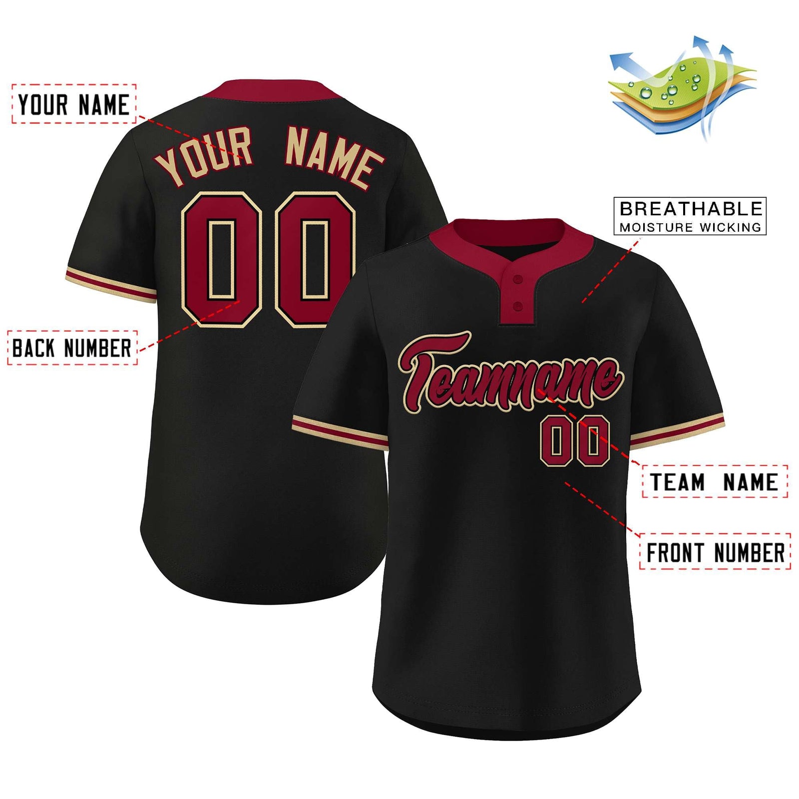 Custom Black Crimson-Old Gold Classic Style Authentic Two-Button Softball Jersey