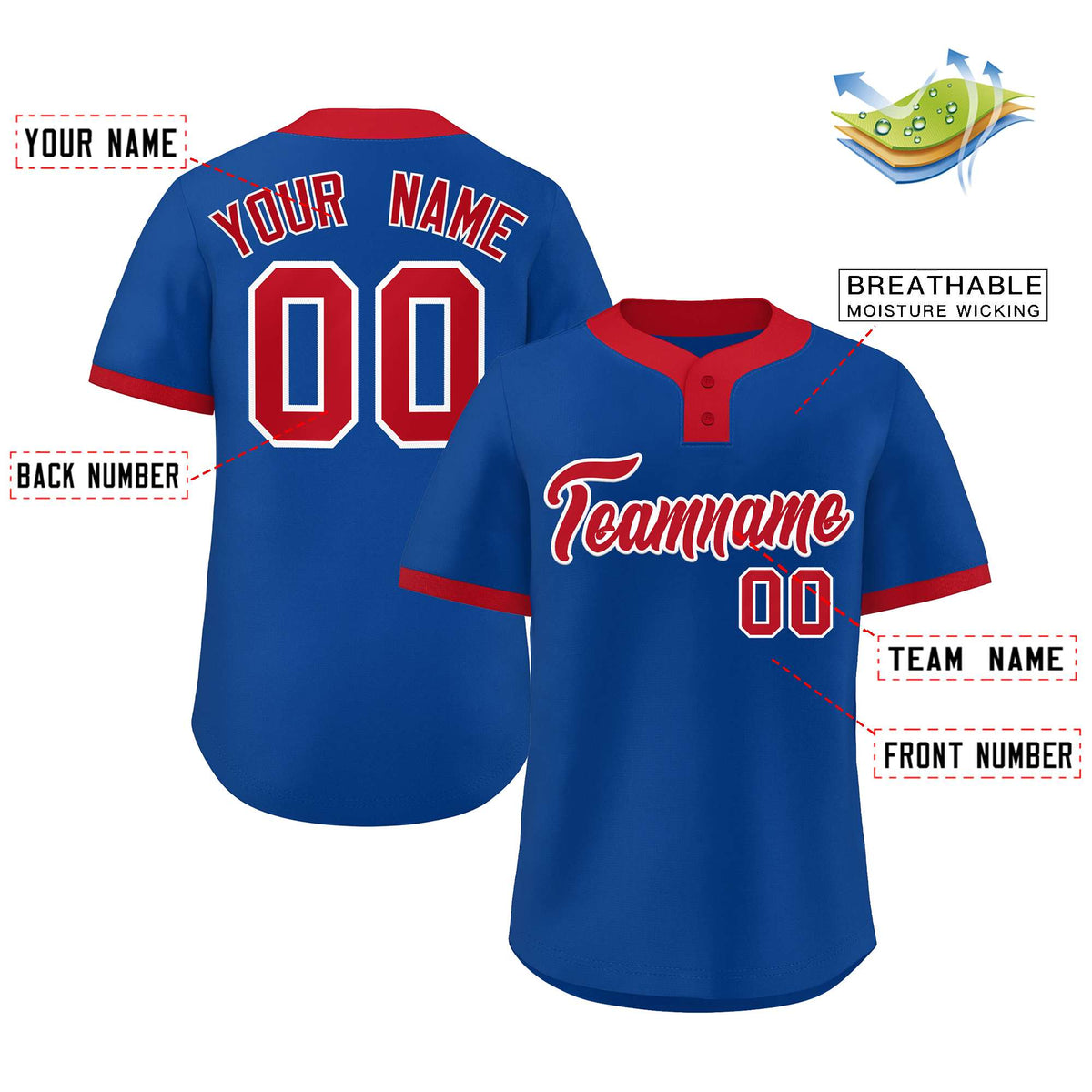 Custom Royal Red-White Classic Style Authentic Two-Button Softball Jersey