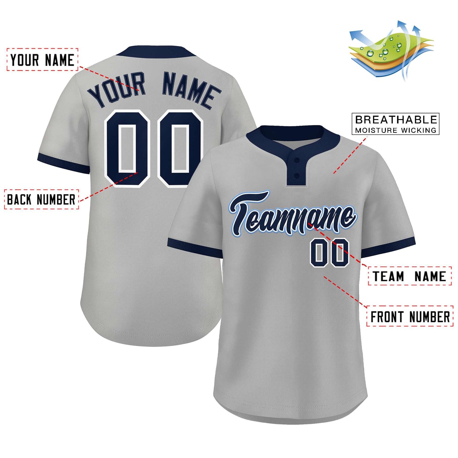 Custom Gray Navy-Light Blue Classic Style Authentic Two-Button Softball Jersey