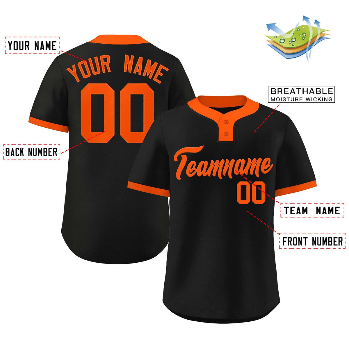 Custom Black Orange Classic Style Authentic Two-Button Softball Jersey