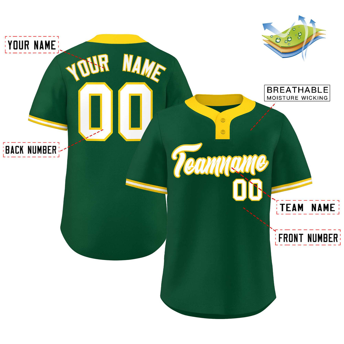Custom Green White-Gold Classic Style Authentic Two-Button Softball Jersey