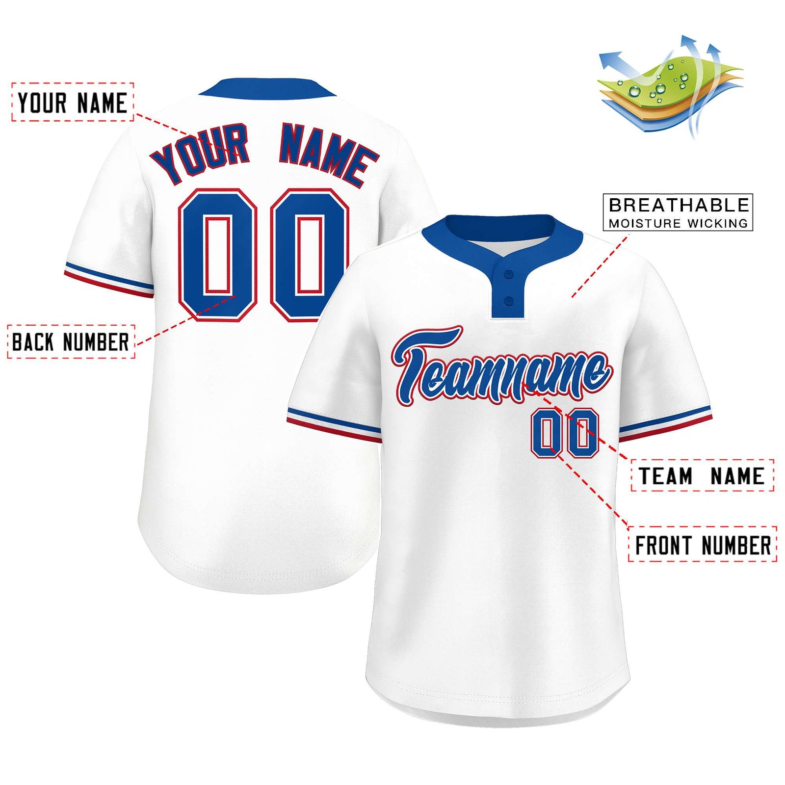 Custom White Royal-Red Classic Style Authentic Two-Button Softball Jersey