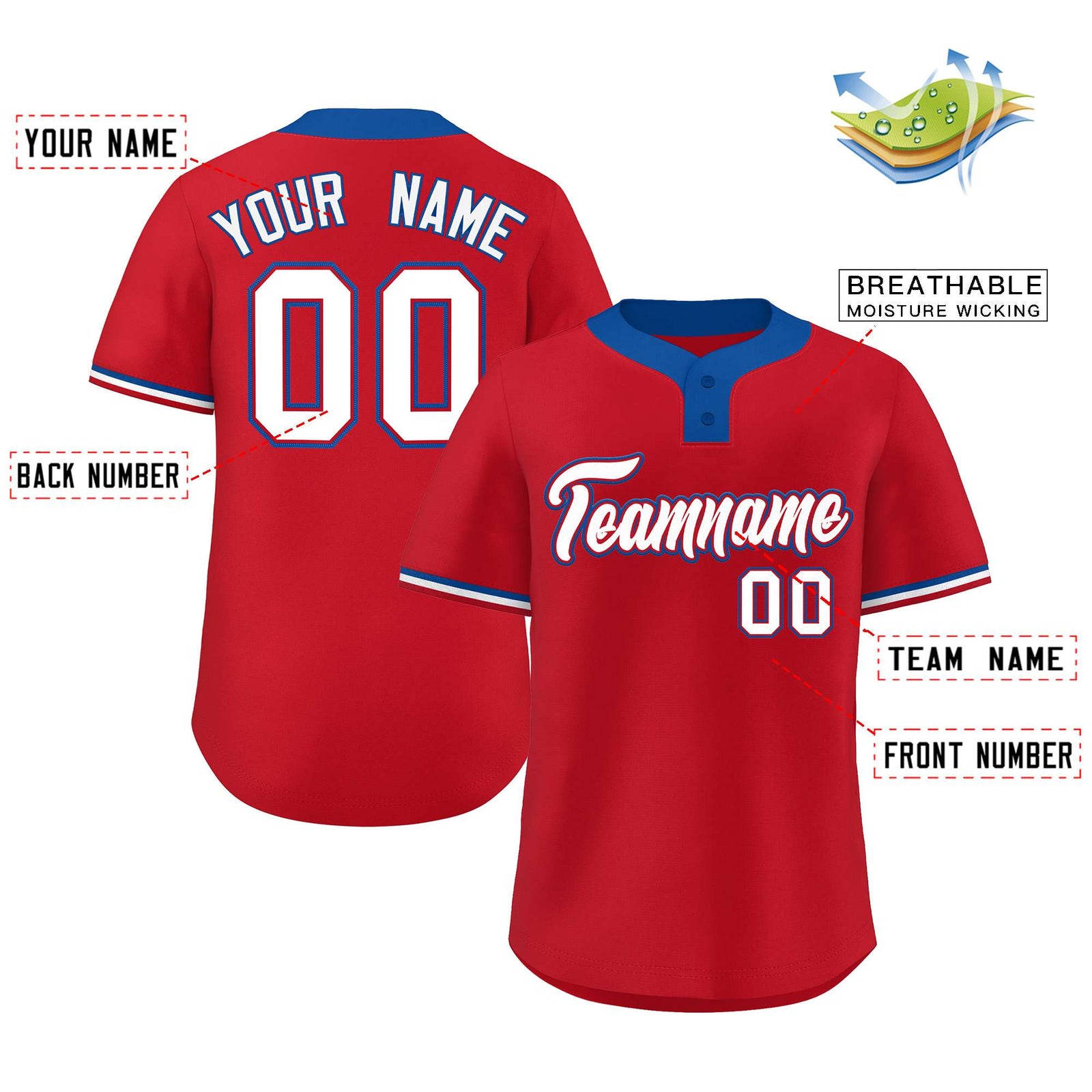 Custom Red White-Royal Classic Style Authentic Two-Button Softball Jersey