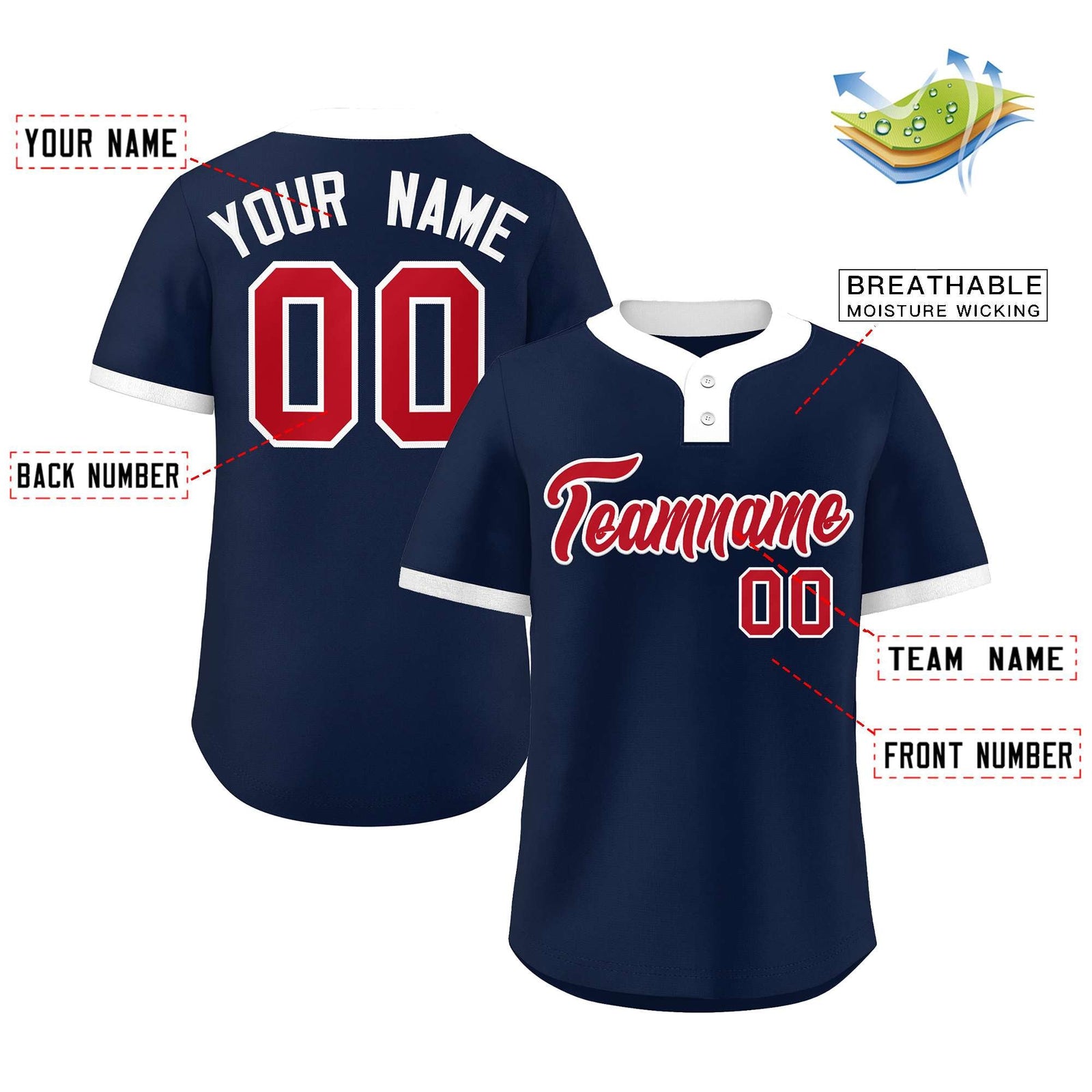Custom Navy Red-White Classic Style Authentic Two-Button Softball Jersey