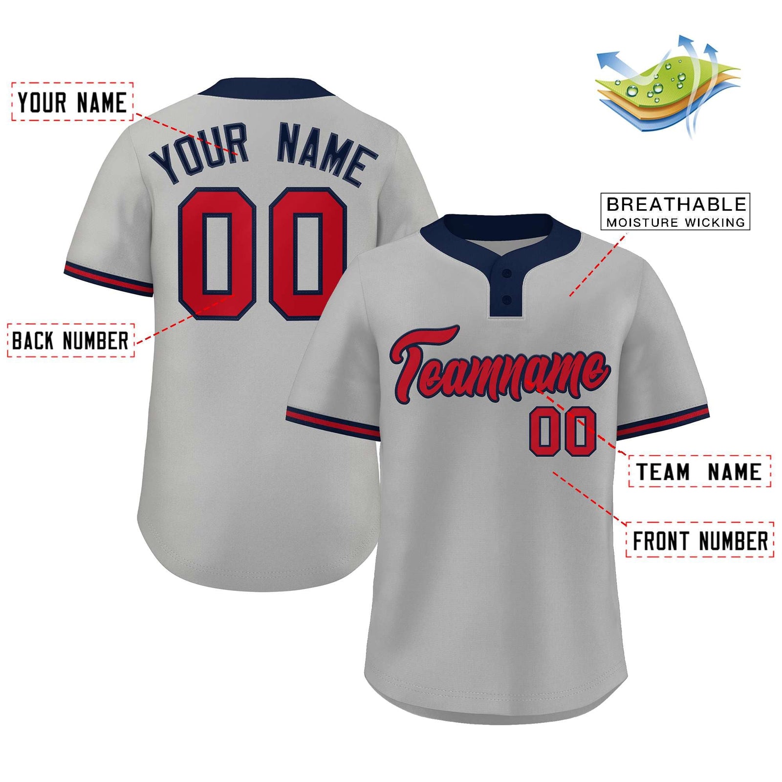 Custom Gray Red-Navy Classic Style Authentic Two-Button Softball Jersey