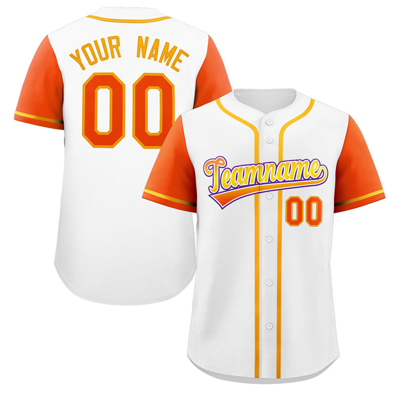 Custom White Orange-Purple Raglan Sleeves Authentic Baseball Jersey