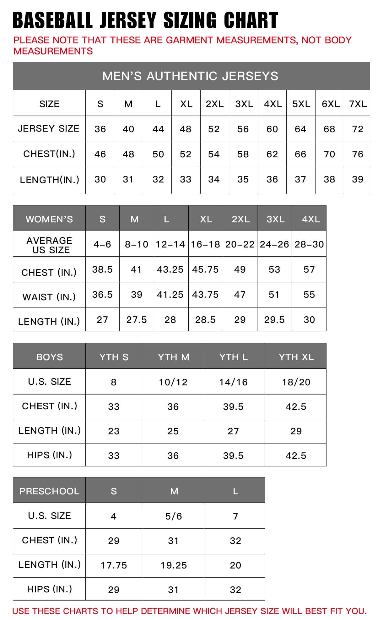 Softball Jersey Size Chart