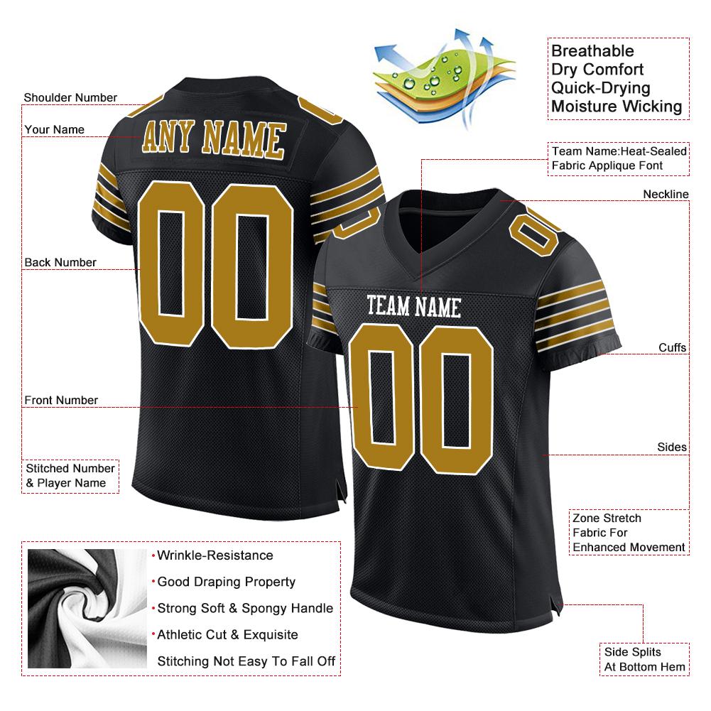 Custom Black Old Gold-White Classic Style Mesh Authentic Football Jersey
