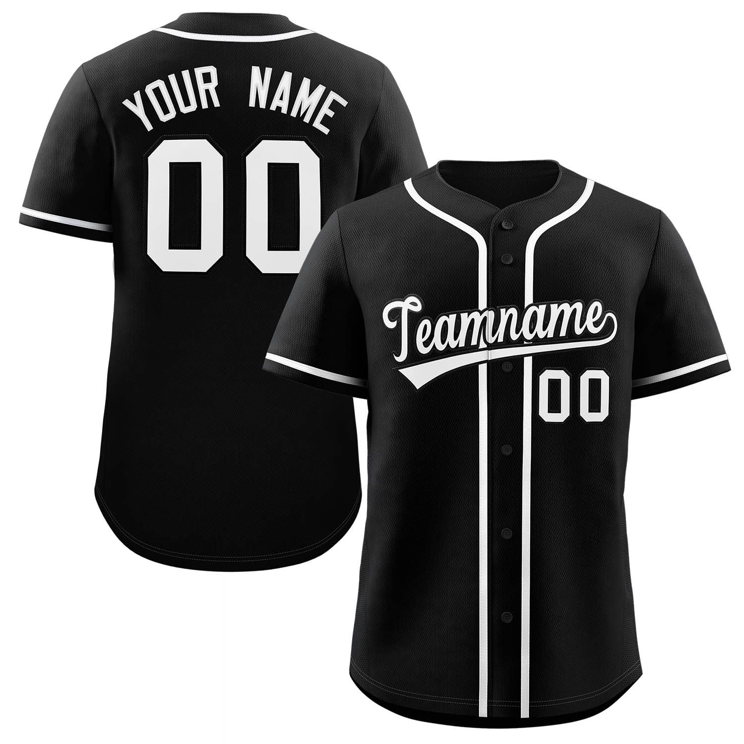 Front and back view of a classic black custom baseball jersey with white piping, 'Teamname', 'YOUR NAME' and number '00' placeholders