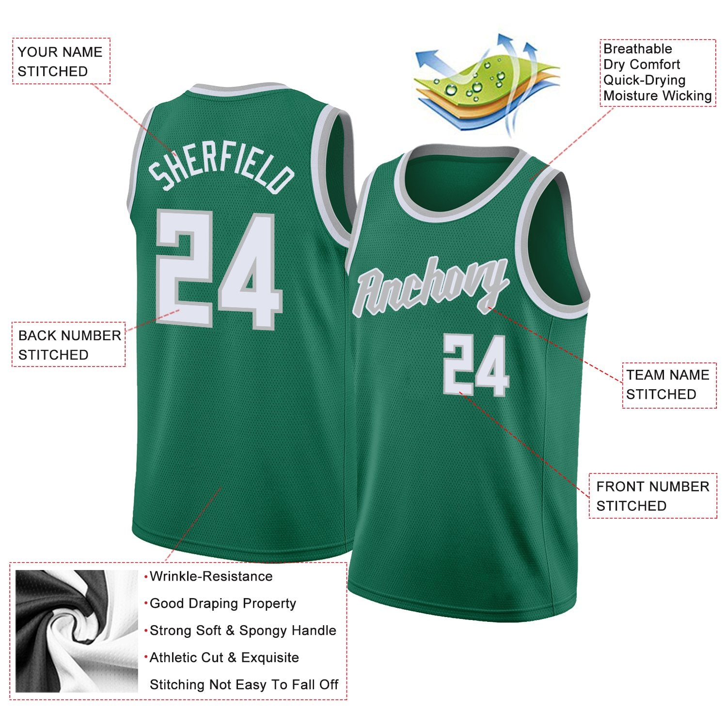 Custom Green White-Gray Classic Tops Mesh Sport Basketball Jersey