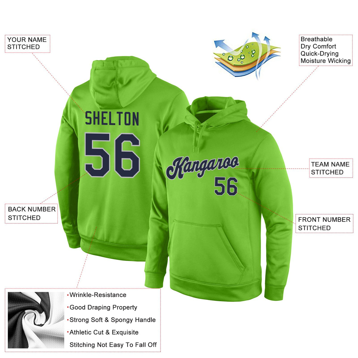 Custom Neon Green Navy-Gray Classic Style Uniform Pullover Fashion Hoodie
