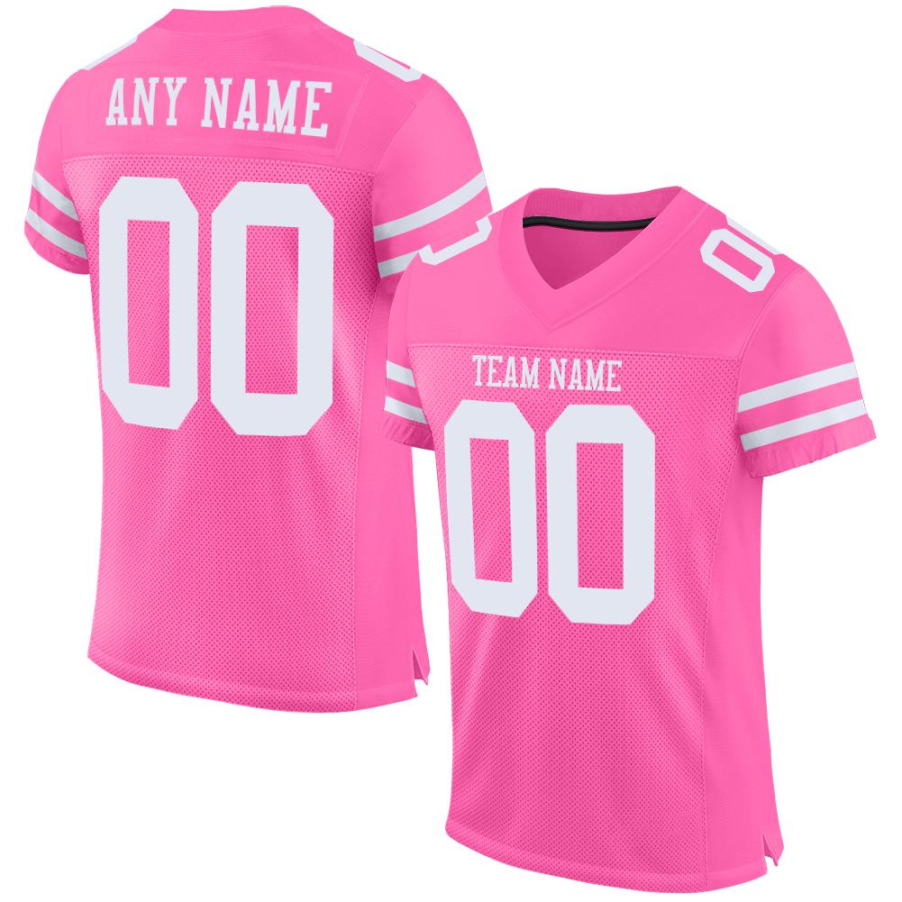 Front and back view of a custom pink women's football jersey with 'TEAM NAME', 'ANY NAME' and number '00' placeholders