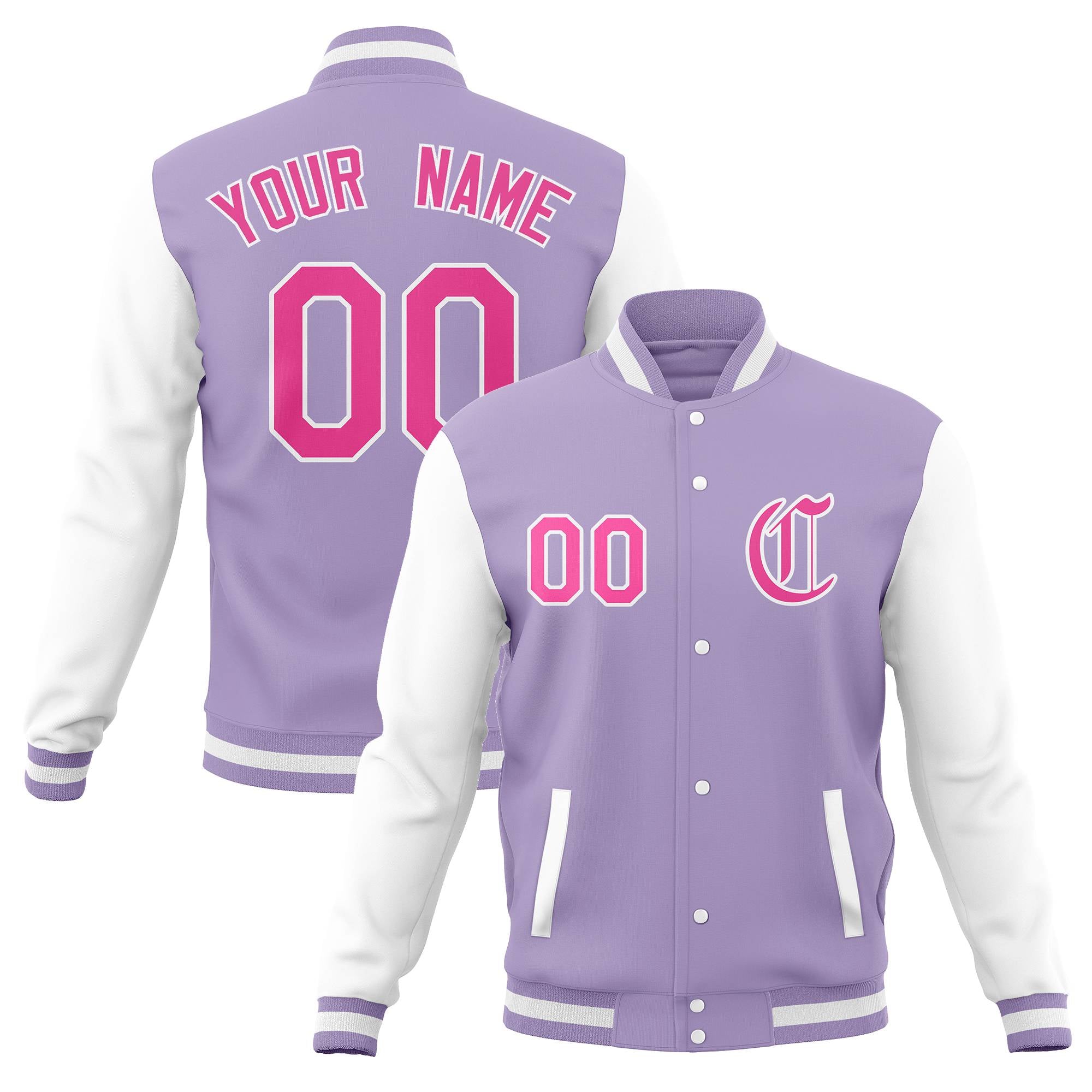 Front and back view of a custom lavender and white varsity jacket with 'YOUR NAME', number '00' and monogram logo placeholders