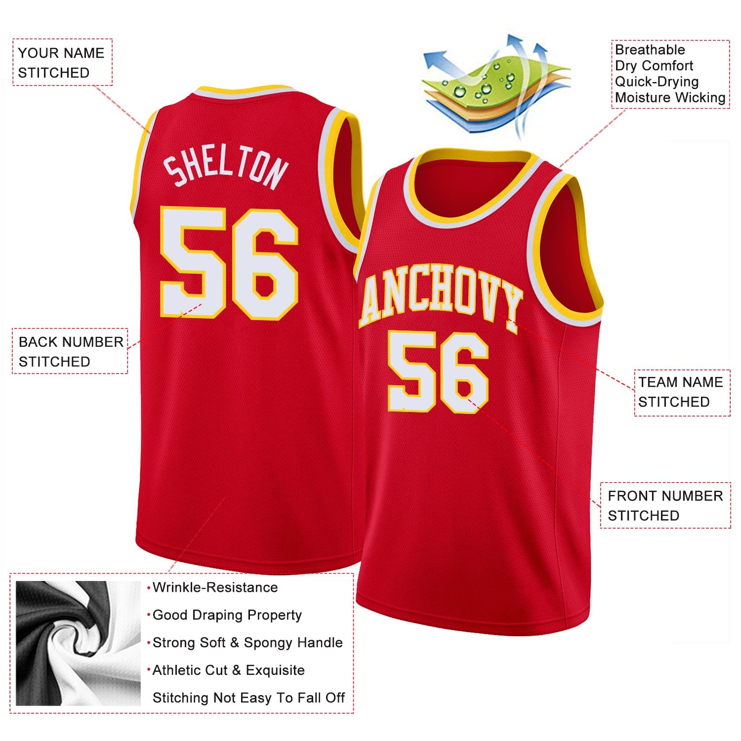 Custom Red White-Yellow Classic Tops Men/Boy Athletic Basketball Jersey